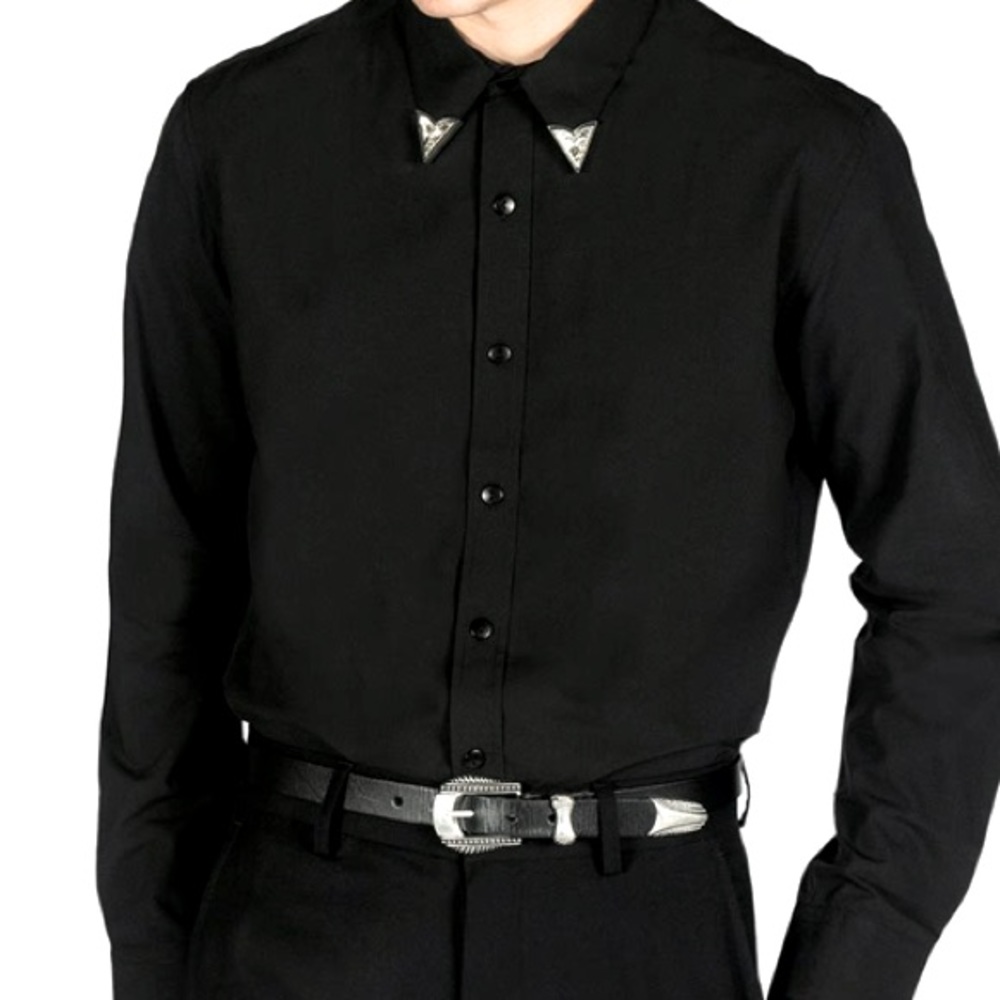 Straight To Hell brand black button down dress shirt with silver collar cuffs